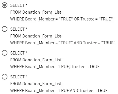 To retrieve only those records that include people who have served on the board of trustees or on the board of directors, what is the correct query?