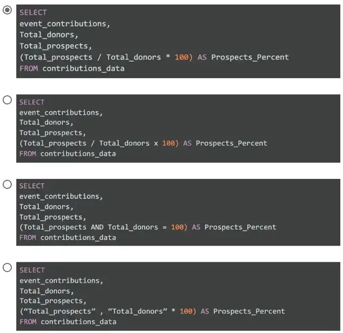 Which SQL query can be used to calculate the percentage of contributions from prospects?