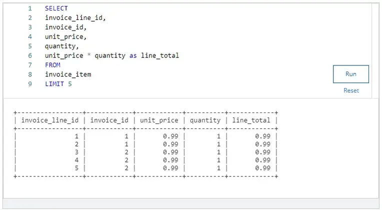 What total appears in row 1 of your query result
