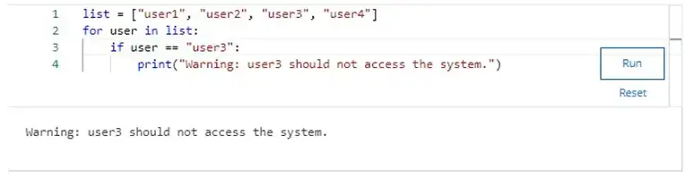 print a warning message if it finds "user3" in the list - Answer