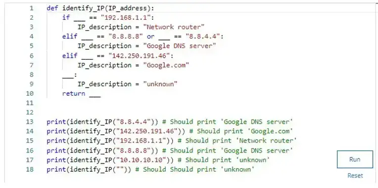 The “identify_IP” function receives an “IP_address” as a string through the function’s parameters